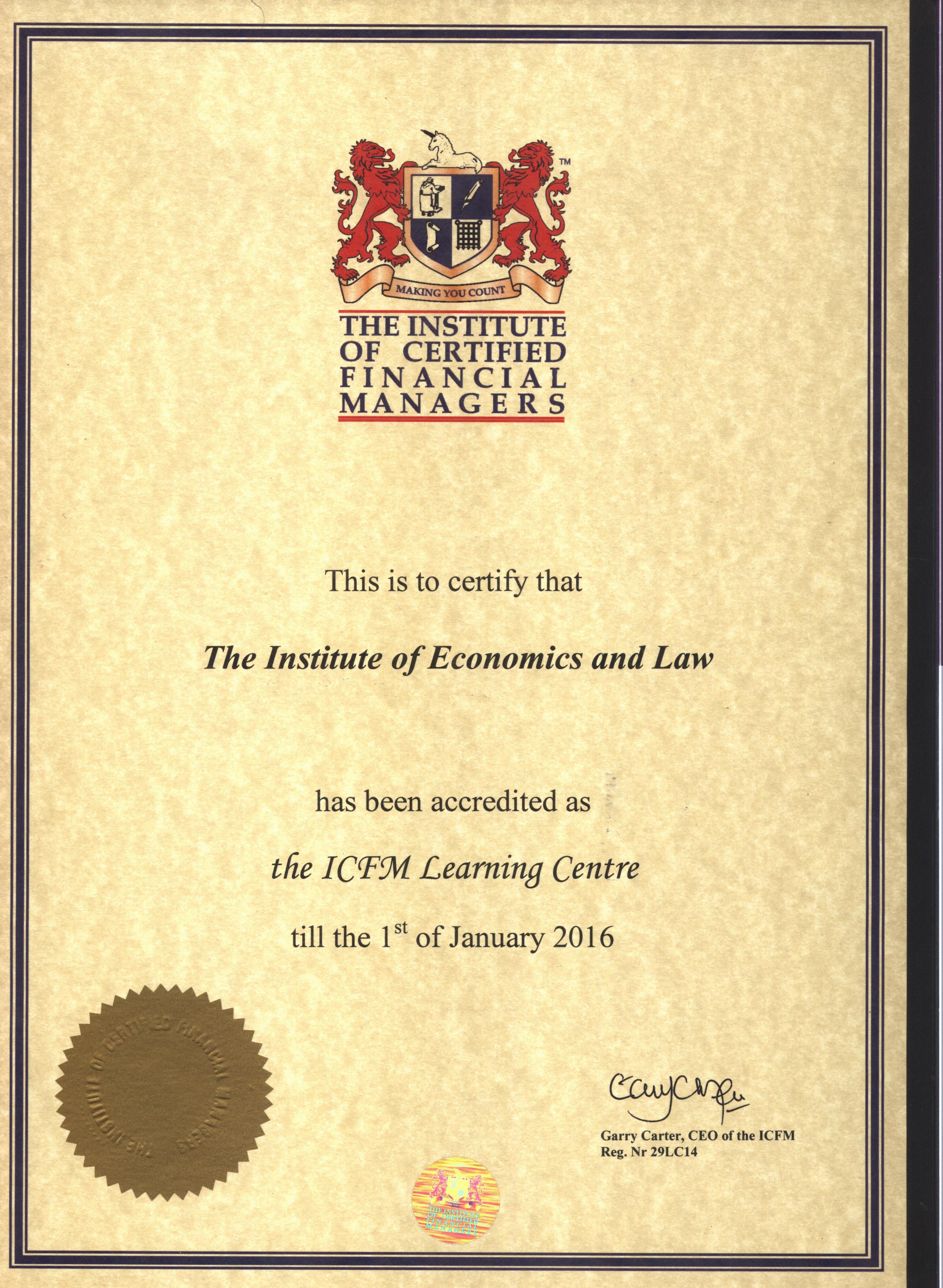 Сертификат об аккредитации НОУ Институт экономики и права в качестве учебного центра по программам обучения на диплом ИСФМ
